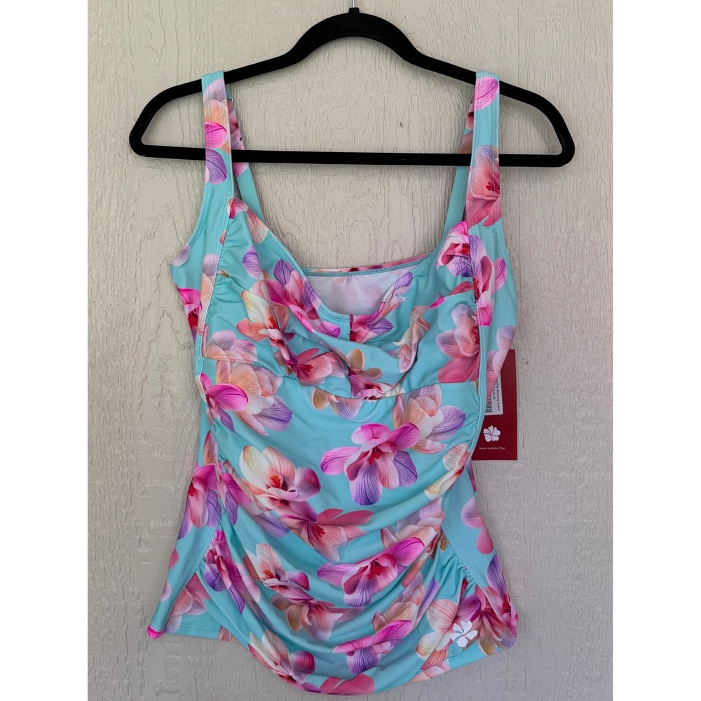 Hapari Floral Ruched Tankini Swim Top Blue Pink Turquoise Adjustable Straps NEW